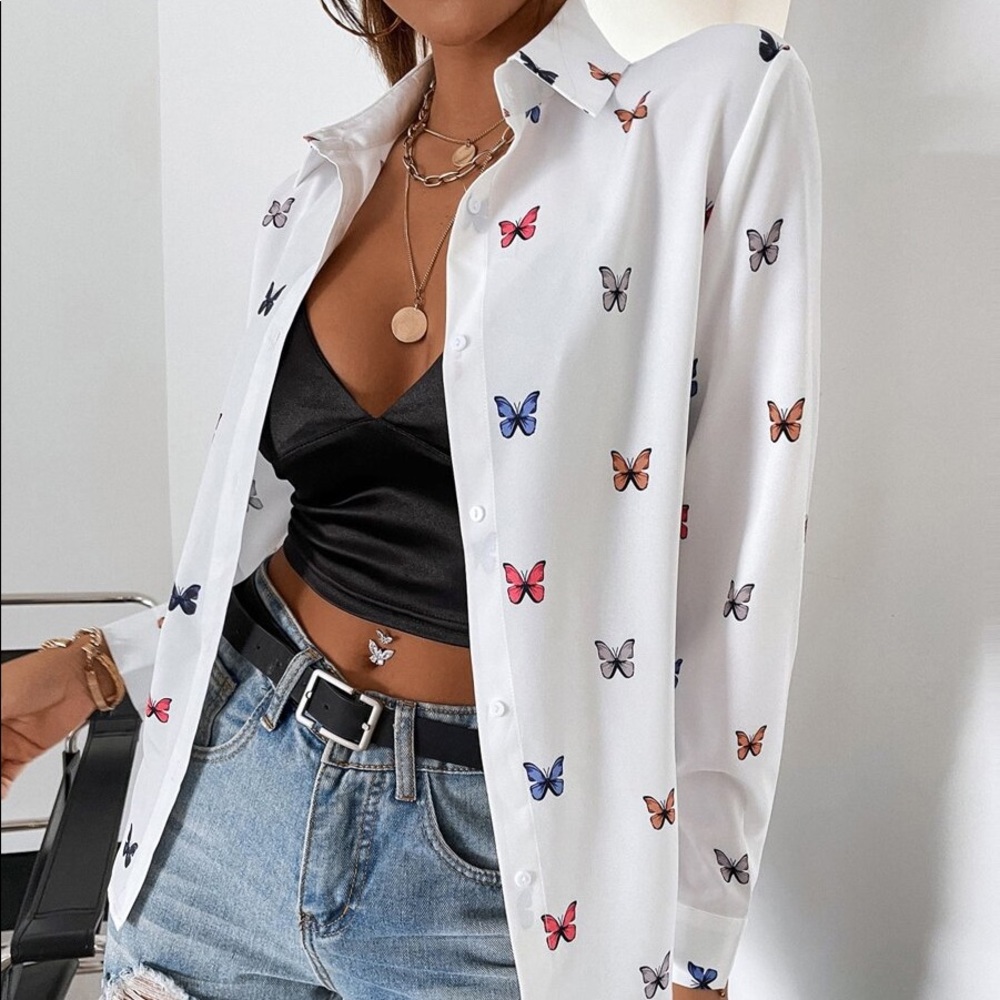 Boho White Butterfly Print Button up Top Work Classic - Picture 5 of 11